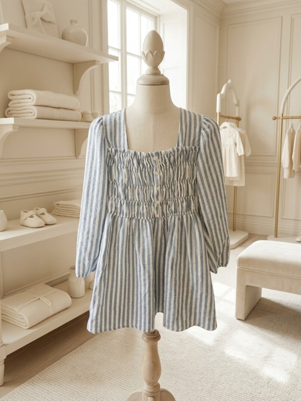 Linen Love No Comment Blue & White Striped Dress Girls XL 16